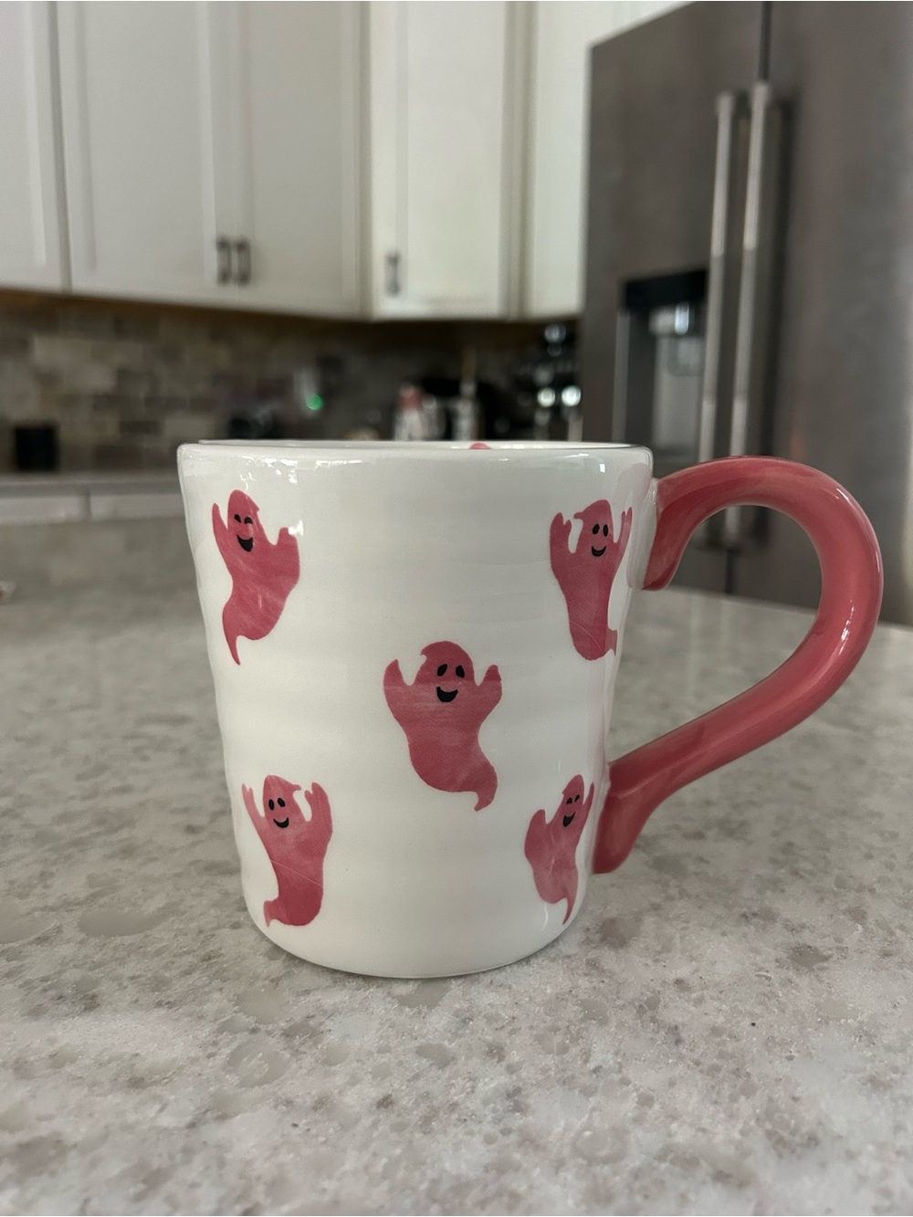 “New” White Ceramic Mug with Pink Ghost Pattern and Pink Handle